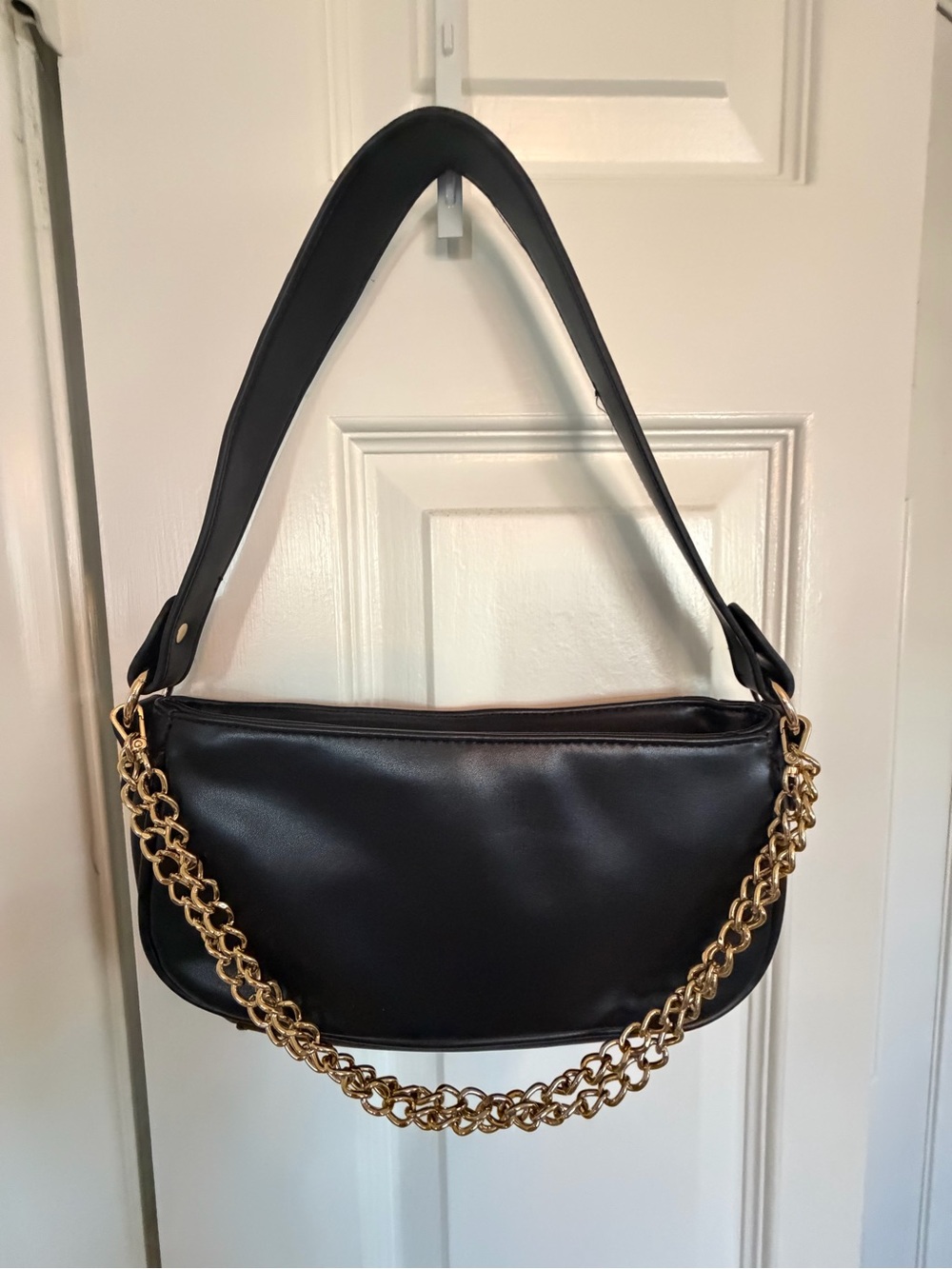 Black Shoulder Bag with Gold Chain Accent